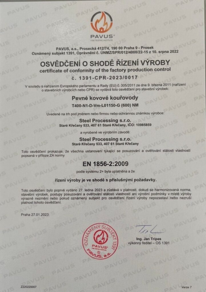 Osvědčení o shodě řízení výroby č. 1391-CPR-2023/0017 – pevné kovové kouřovody, PAVUS