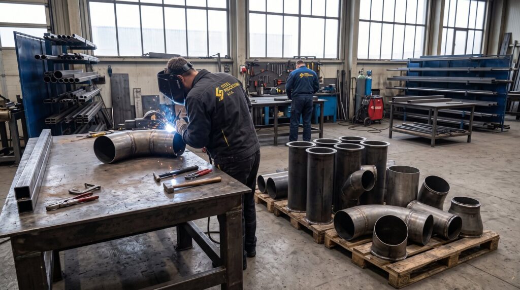 Svařování kolena kouřovodu a hotové díly kouřovodů v dílně Steel Processing