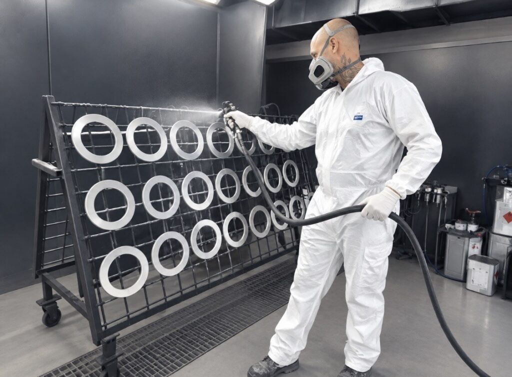 Lakování kovových dílců v lakovně Steel Processing