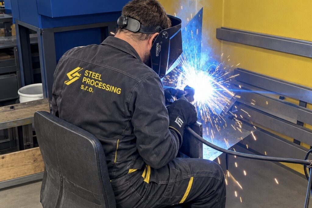 Svářeč Steel Processing při svařování v dílně