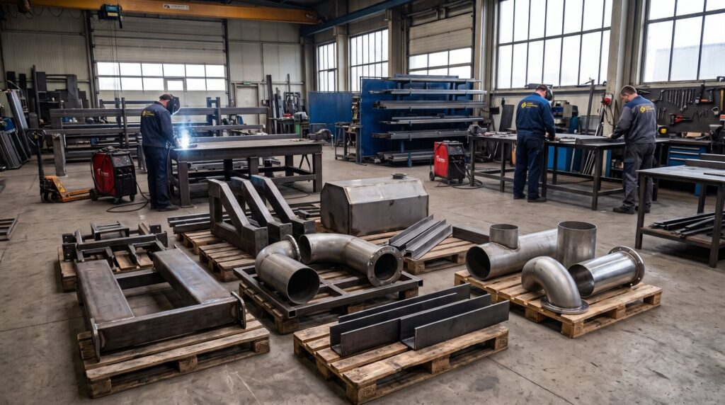 Svařence, rámy a díly potrubí na paletách v dílně Steel Processing